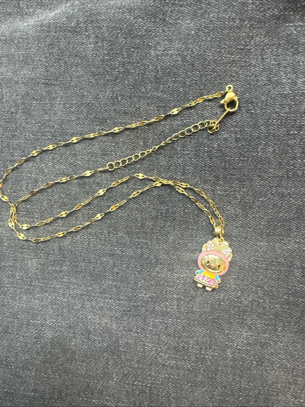 Gold-tone Cute Character Pendant Necklace with Pink Accent